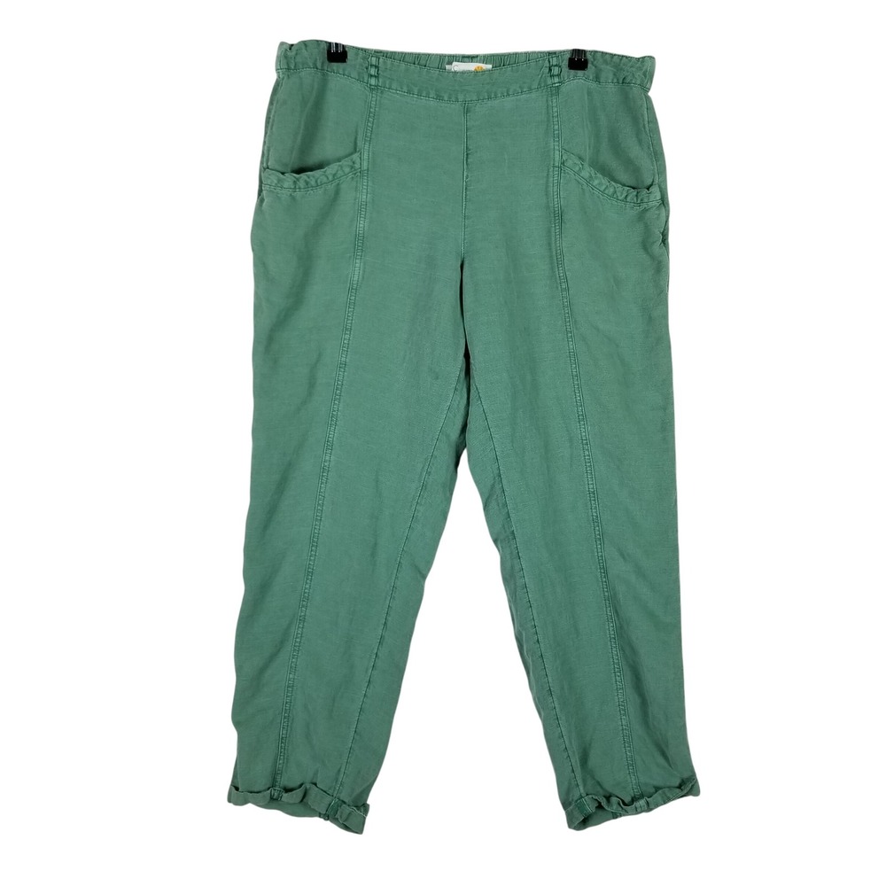 C&C California Linen Blend Pants Womens XL Green Cropped Elastic Waist J5